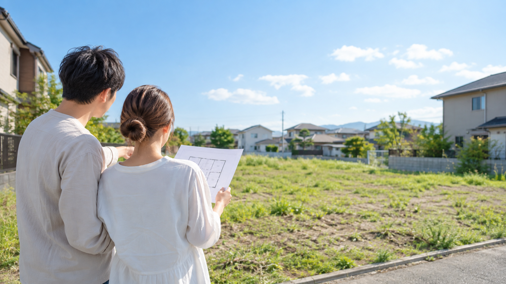 神栖市の住宅用地で間取り図を確認する夫婦